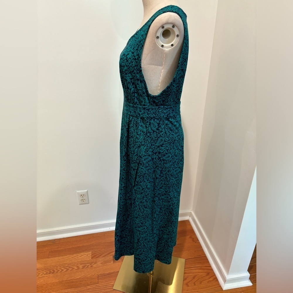 70s KNIT NAVY & GREEN PAISLEY HANDMADE COTTAGECORE SLEEVELESS V-NECK MIDI DRESS - Picture 3 of 8